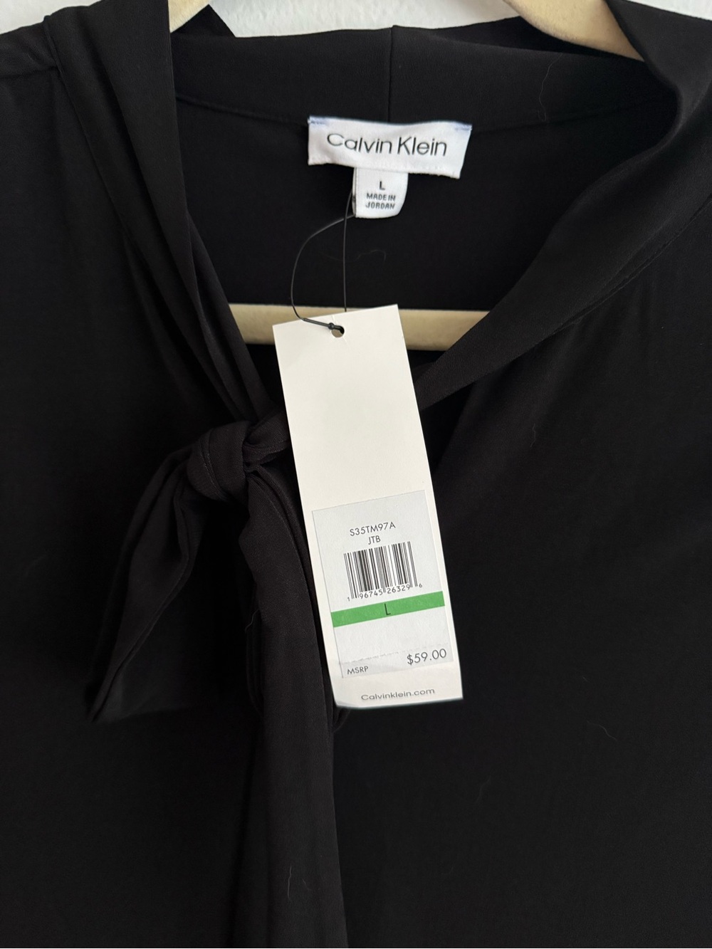 NWT Calvin Klein Black Tie-Neck Ruffle Sleeve Women's Top Size L - Picture 3 of 3